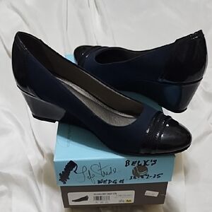Life Stride Navy Wedges With Black Patent Heel And Toe Accents. 9 1/2M